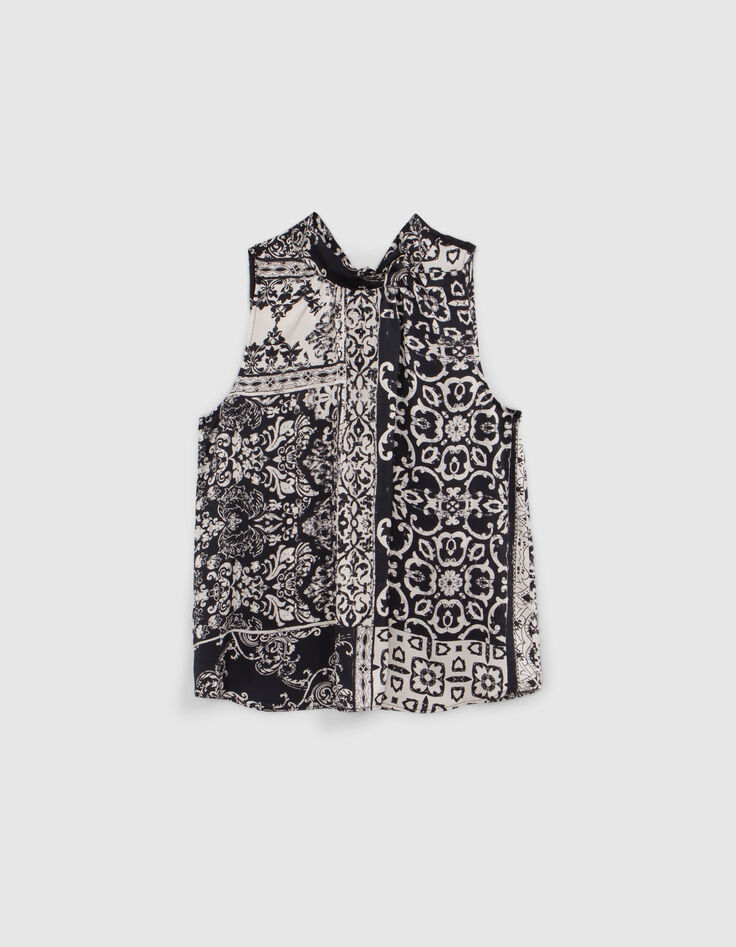 Top de cuello alto estampado patchwork negro para mujer-7