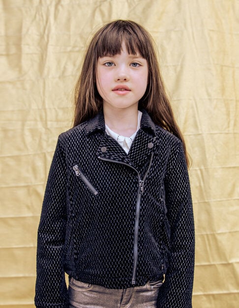 Girls’ black texture, lurex, jacquard velvet knit cardigan
