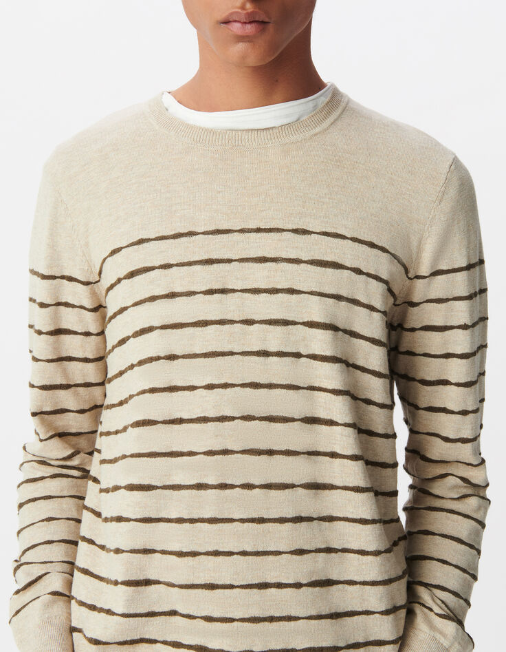 Beiger Herren-Matrosenpulli Feinstrick khaki Streifen-1
