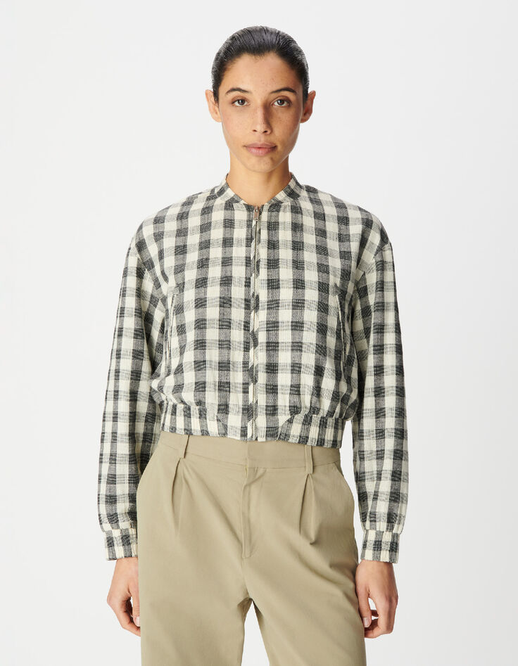 Blouson court &eacute;cru motif carreaux Femme-4