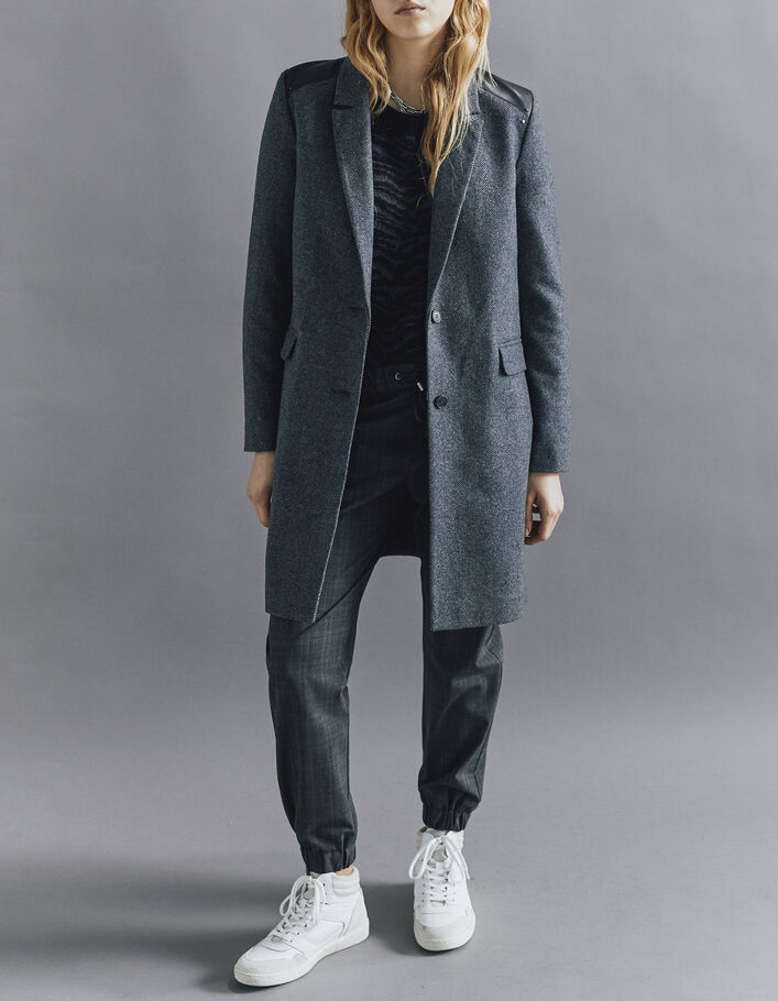 Manteau gris en lainage chevron avec épaulettes en cuir femme - IKKS