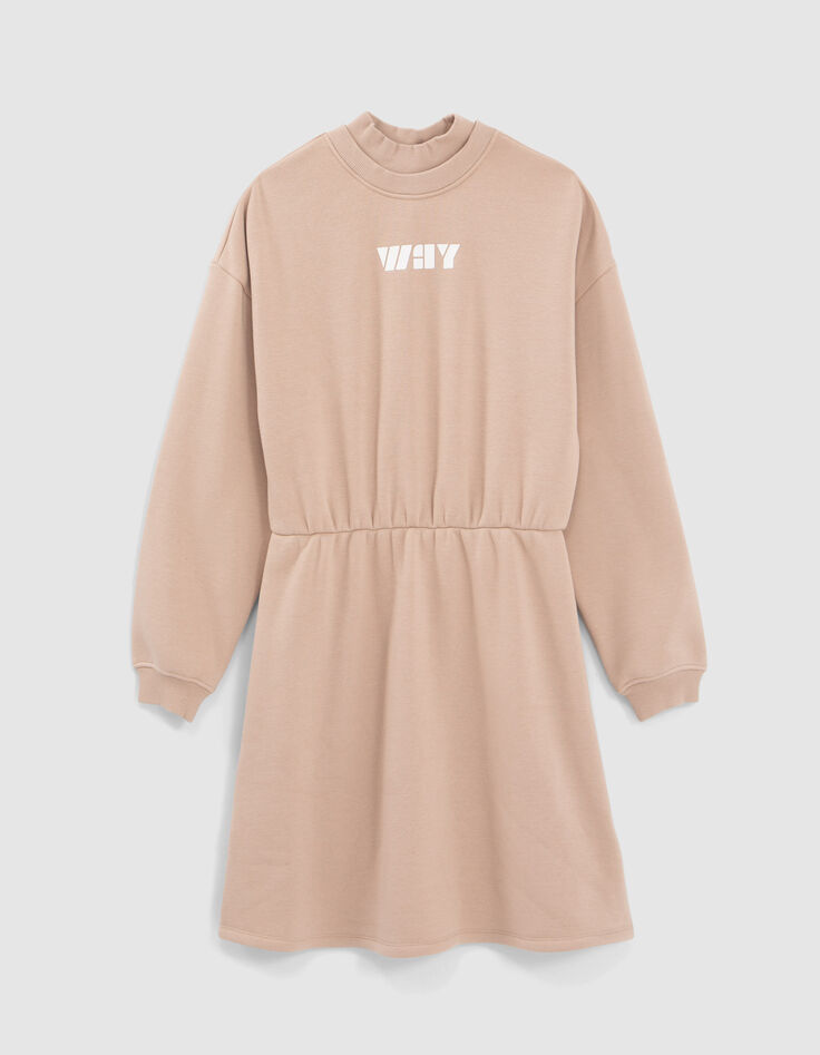 Girls’ beige sweatshirt-dress with elasticated waist-1