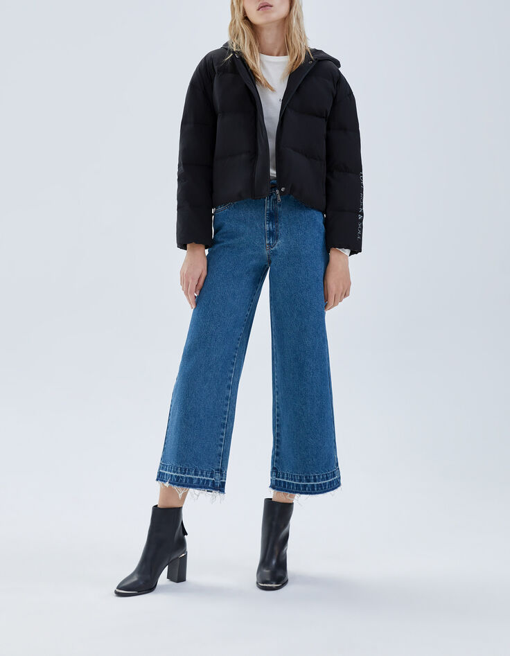 Jean large bleu taille haute 7/8e bas frangés Femme -7