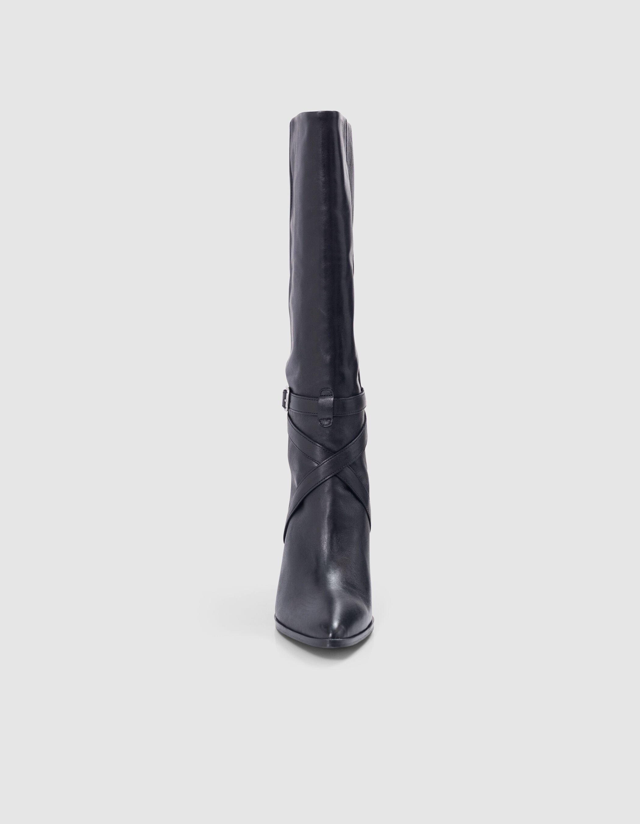 Bottes noires cuir a talon brides croisees Femme IKKS