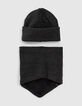 Bonnet -masque et snood gris chiné tricot brodé garçon -4