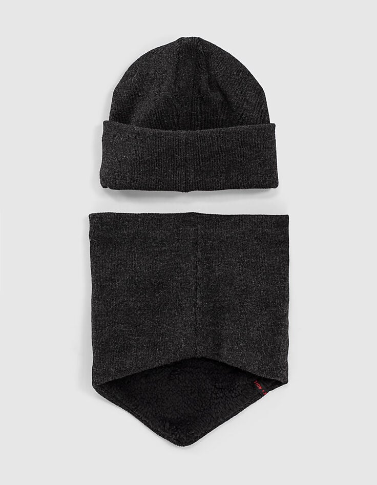 Bonnet -masque et snood gris chiné tricot brodé garçon -4 Bonnet -masque et snood gris chiné tricot brodé garçon -4