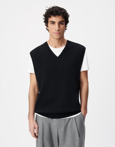 Pull sans manches noir tricot encolure V Homme - IKKS