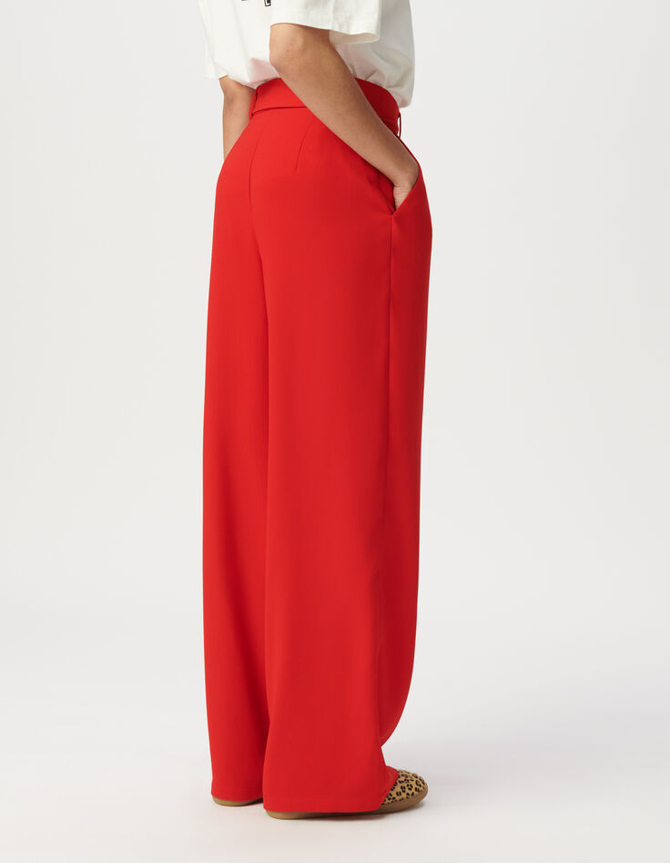 Rode brede geklede broek met ceintuur Dames-3