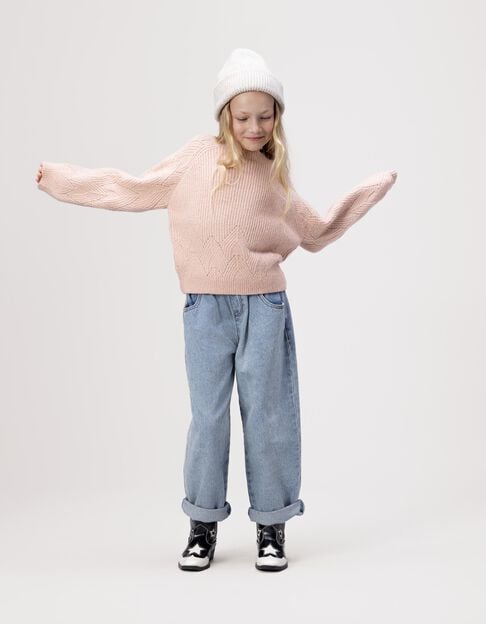 Girls’ pink knit sweater with jacquard sleeves - IKKS