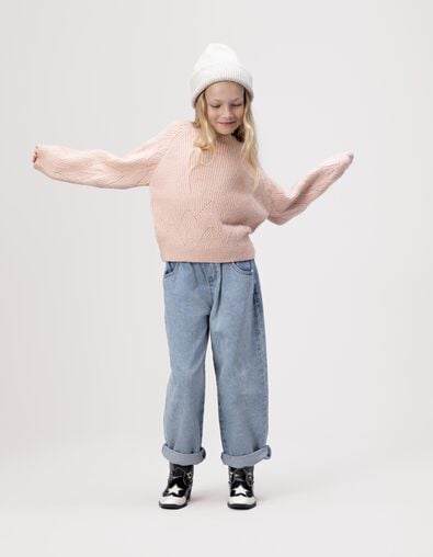 Girls’ pink knit sweater with jacquard sleeves - IKKS