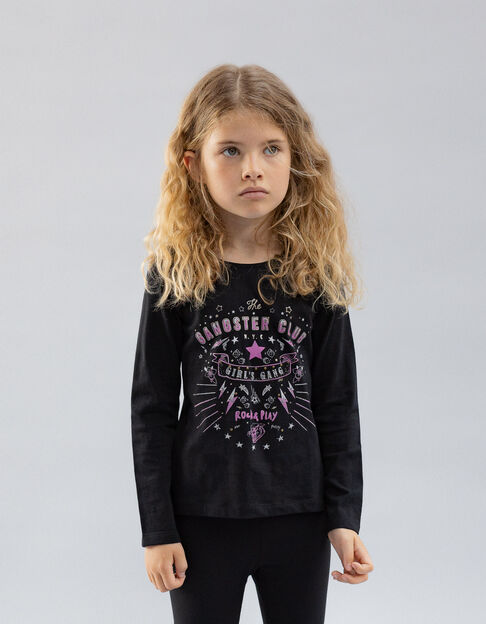 Girls’ black organic cotton T-shirt with rock images