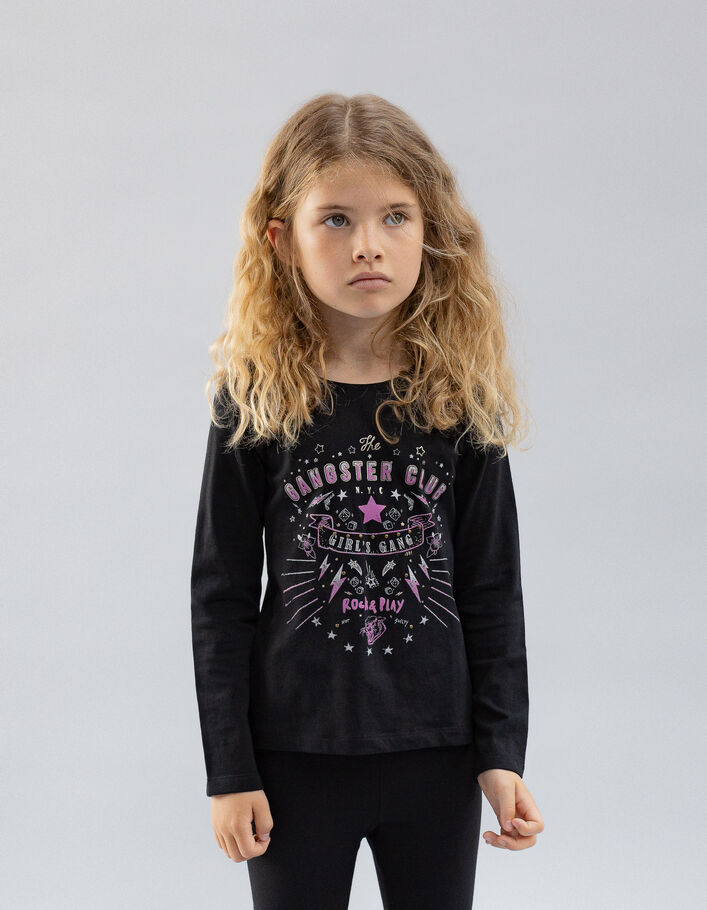 Schwarzes Mädchen-T-Shirt aus Biobaumwolle mit Rock-Motiven-1