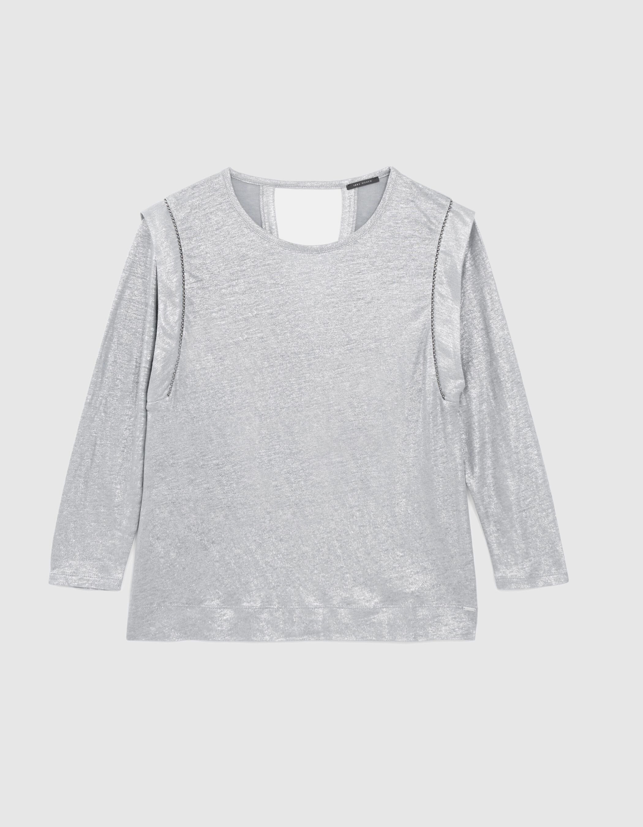 T shirt gris chine en lin col rond a perle femme