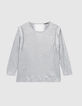 Grau meliertes Damen-T-Shirt aus Leinen mit Rundhalsausschnitt und Perle-1