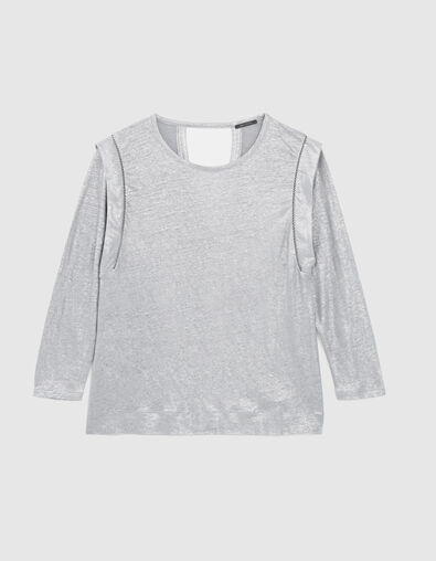Grau meliertes Damen-T-Shirt aus Leinen mit Rundhalsausschnitt und Perle - IKKS