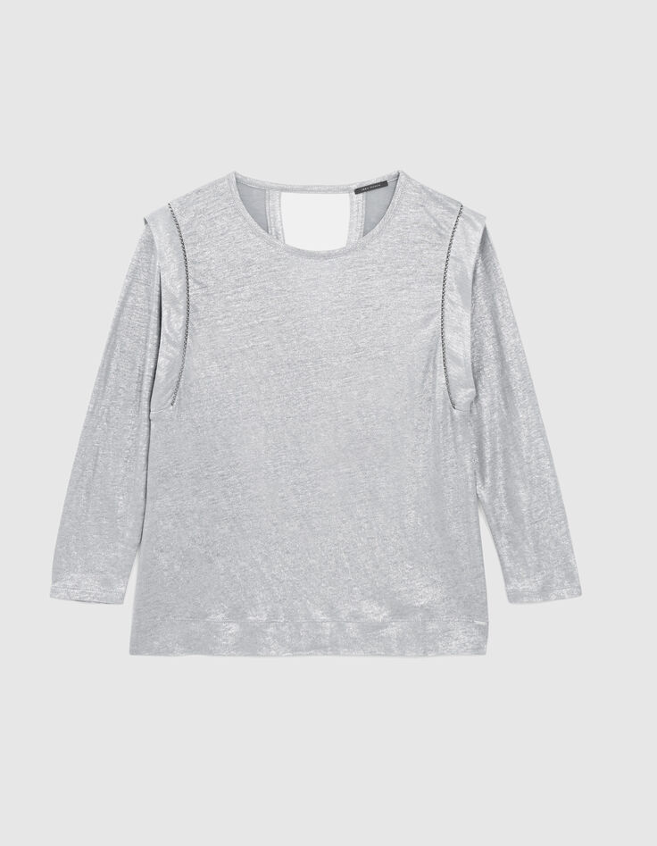 Grau meliertes Damen-T-Shirt aus Leinen mit Rundhalsausschnitt und Perle-1
