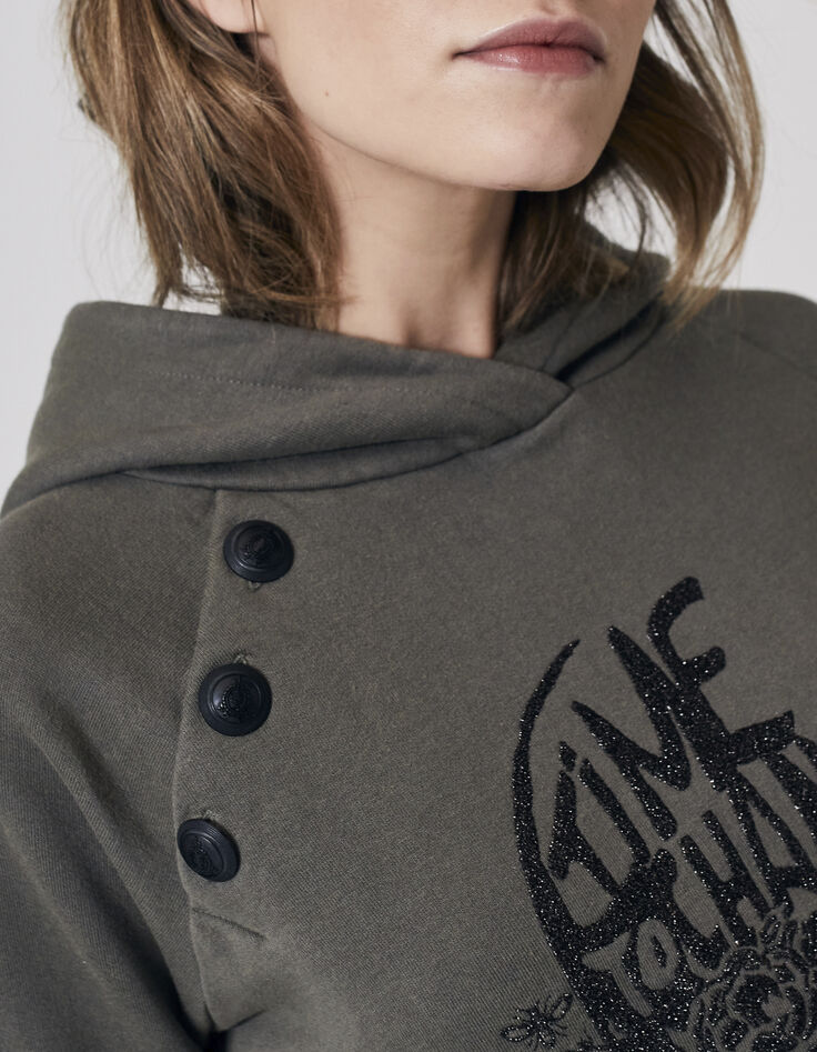 Sudadera con capucha caqui botones hombros calavera mujer-4