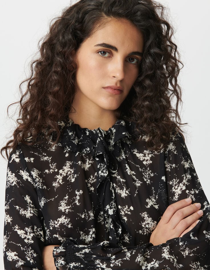 Chemise noire voile imprimé fleurs sauvages Femme-4