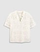 Top blanc tricot crochet col polo Femme-5