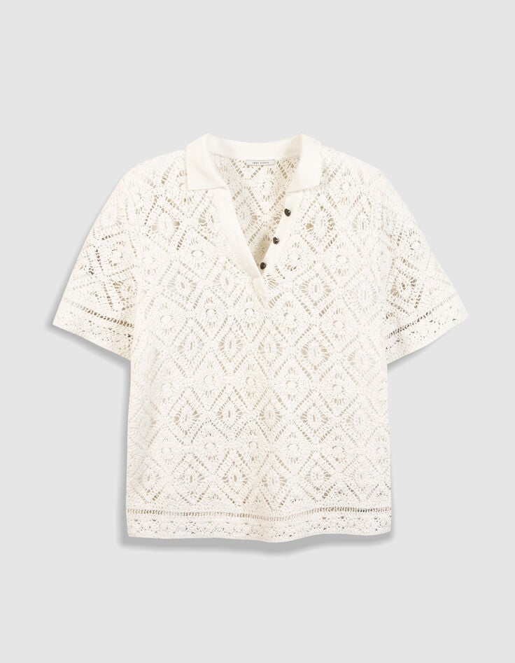 Top blanc tricot crochet col polo Femme-5