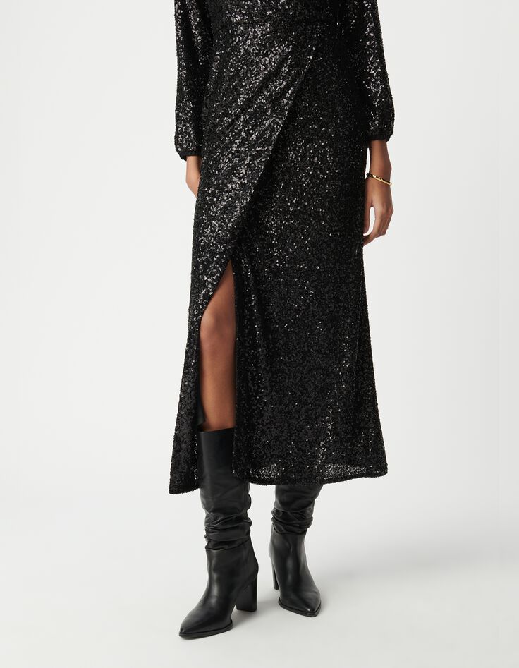 Women's black sequin-embroidered wrap dress-4