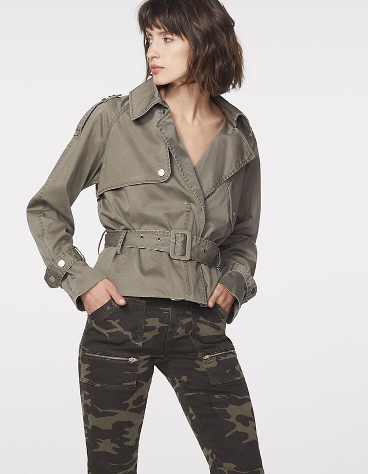 Trench court kaki ceinture taille femme-2