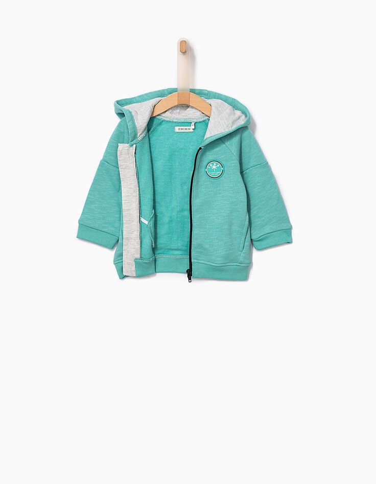 Türkisgrüne Baby-Strickjacke mit Palmen hinten -5