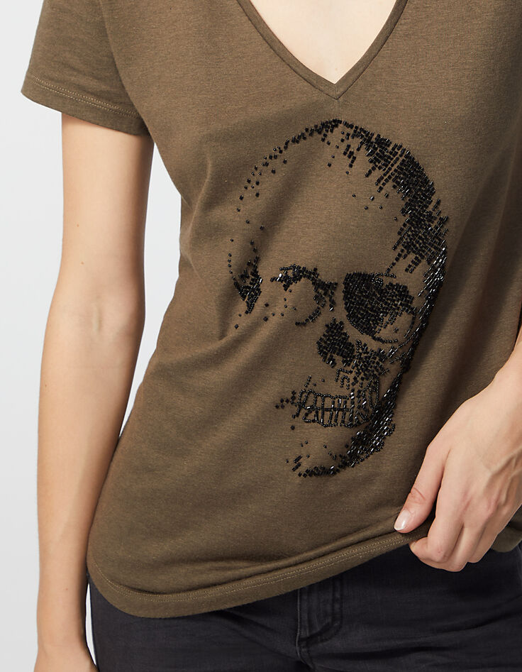 Damen-T-Shirt aus Baumwollmodal mit Totenkopf und Perlen-4