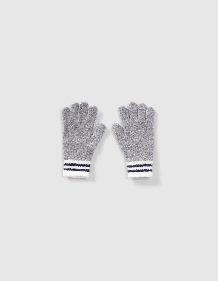 Graue Jungenstrickhandschuhe mit gestreiften Rippb&uuml;ndchen-3