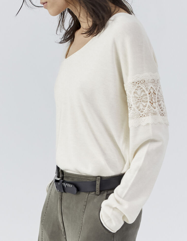 Pull réversible écru tricot dentelle aux manches Femme-1