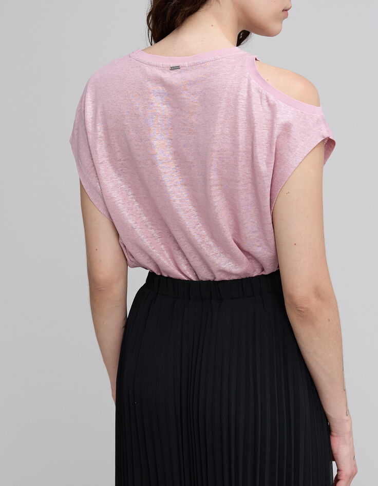 Tee-shirt rose maille lin paillet&eacute;e d&eacute;coupe &eacute;paule Femme-2