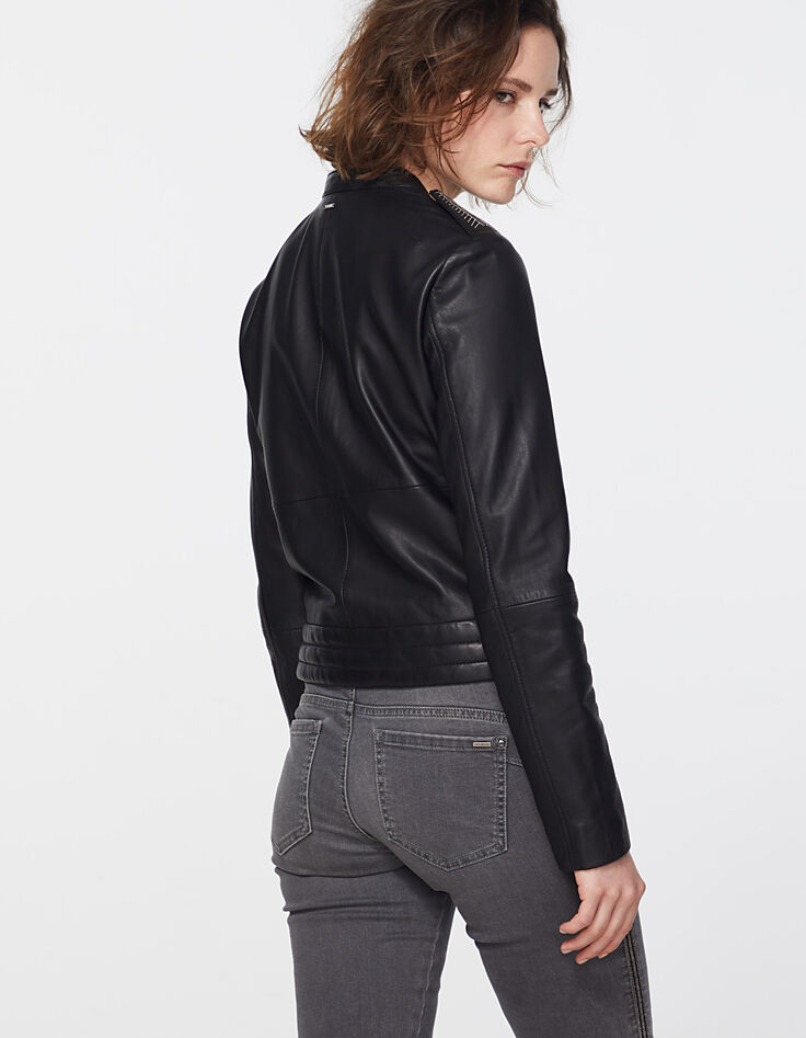 Women’s black beaded shoulder lambskin jacket-3
