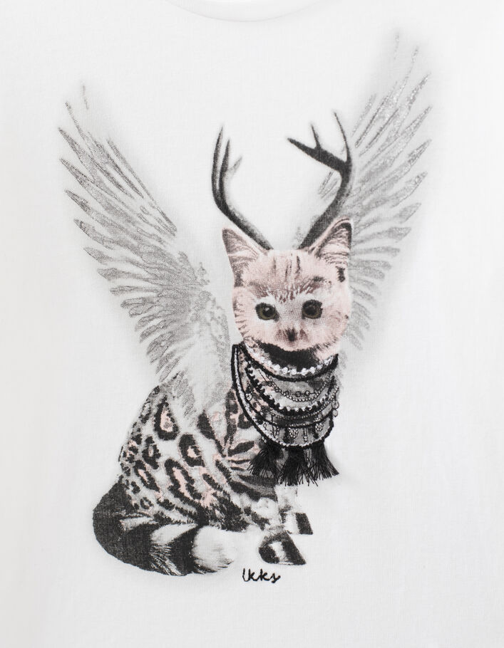 Girls' off-white winged leopard-cat image T-shirt-5