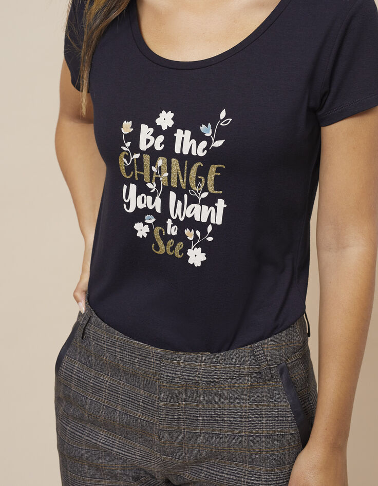 Zwart T-shirt tekst, bloemen en gouden glitters I.Code-4 Zwart T-shirt tekst, bloemen en gouden glitters I.Code-4