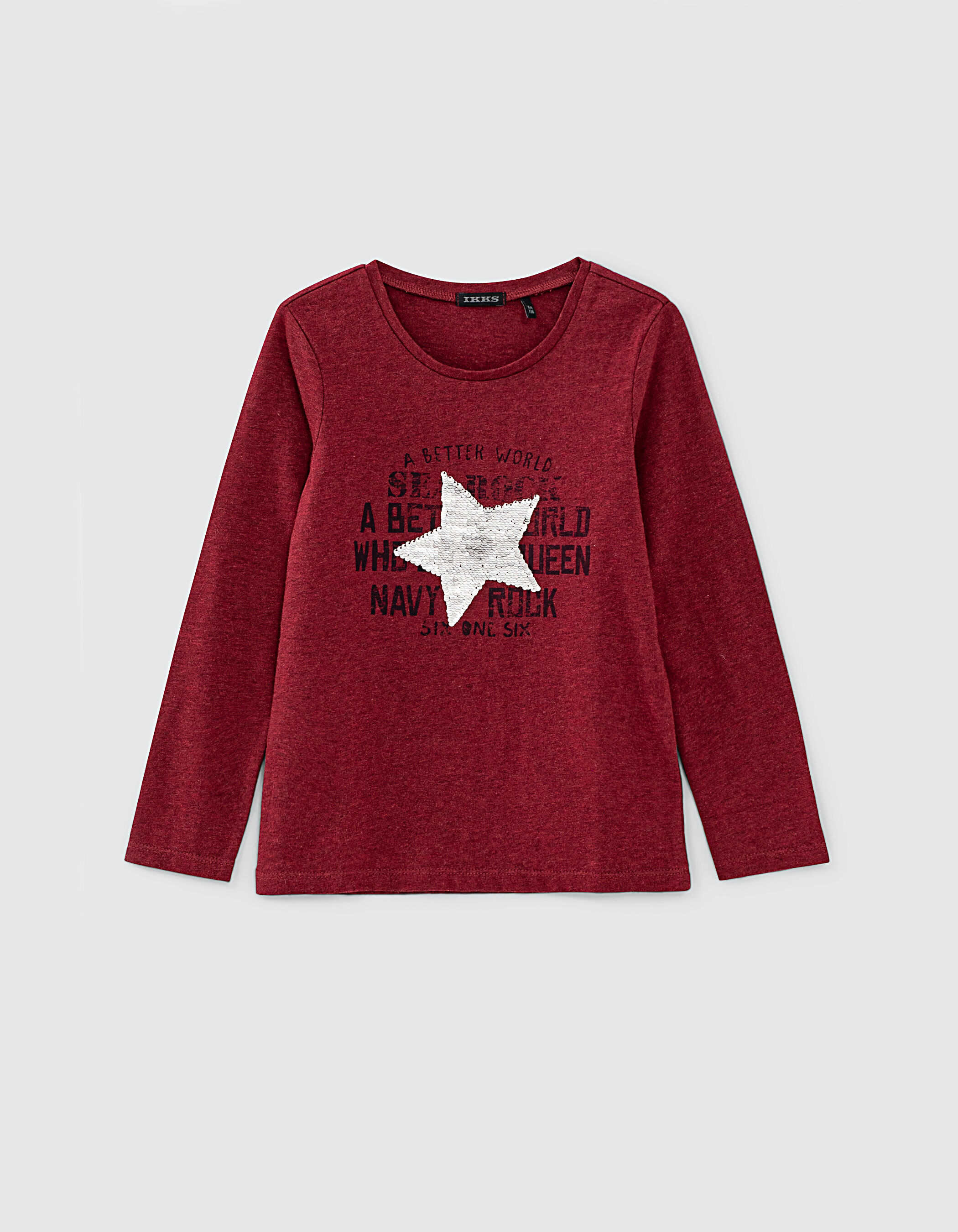 Girls burgundy marl T shirt with reversible sequin star