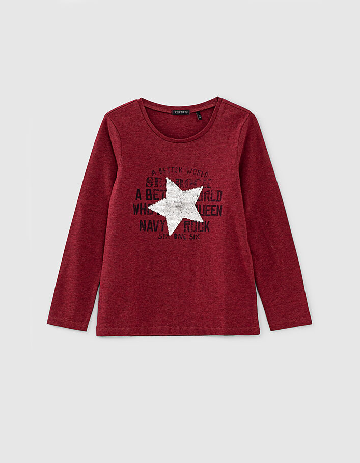 Girls’ burgundy marl T-shirt with reversible sequin star - IKKS