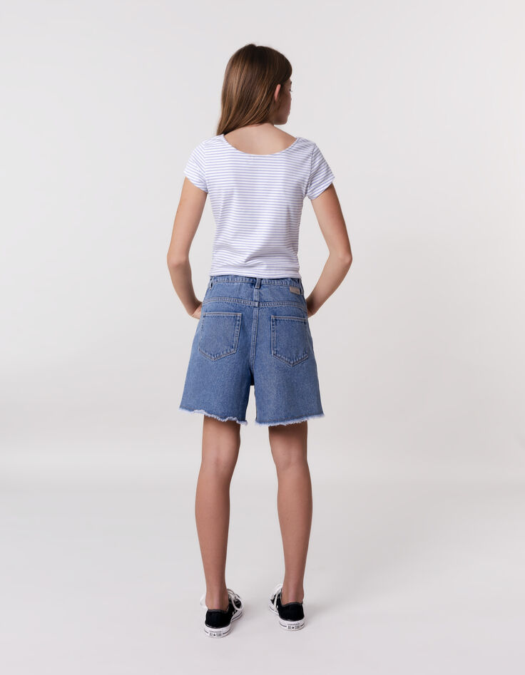 Short en jean bleu bords frangés fille-4