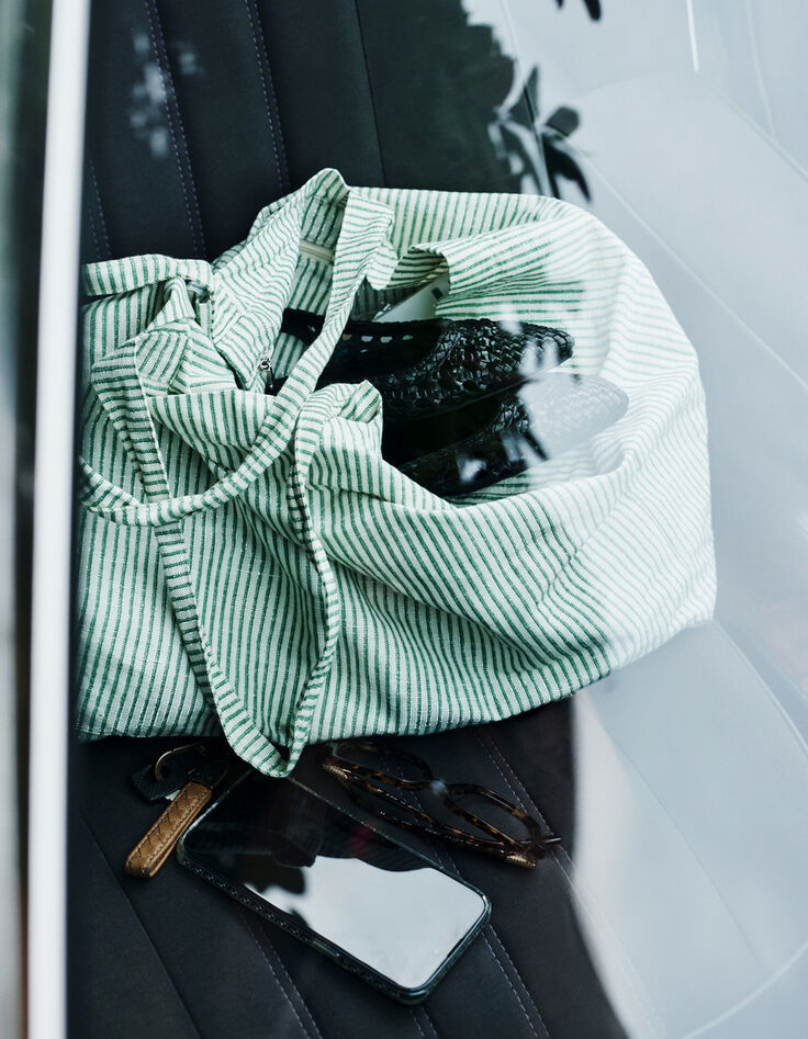 Sac cabas vert toile motif rayures transat-6