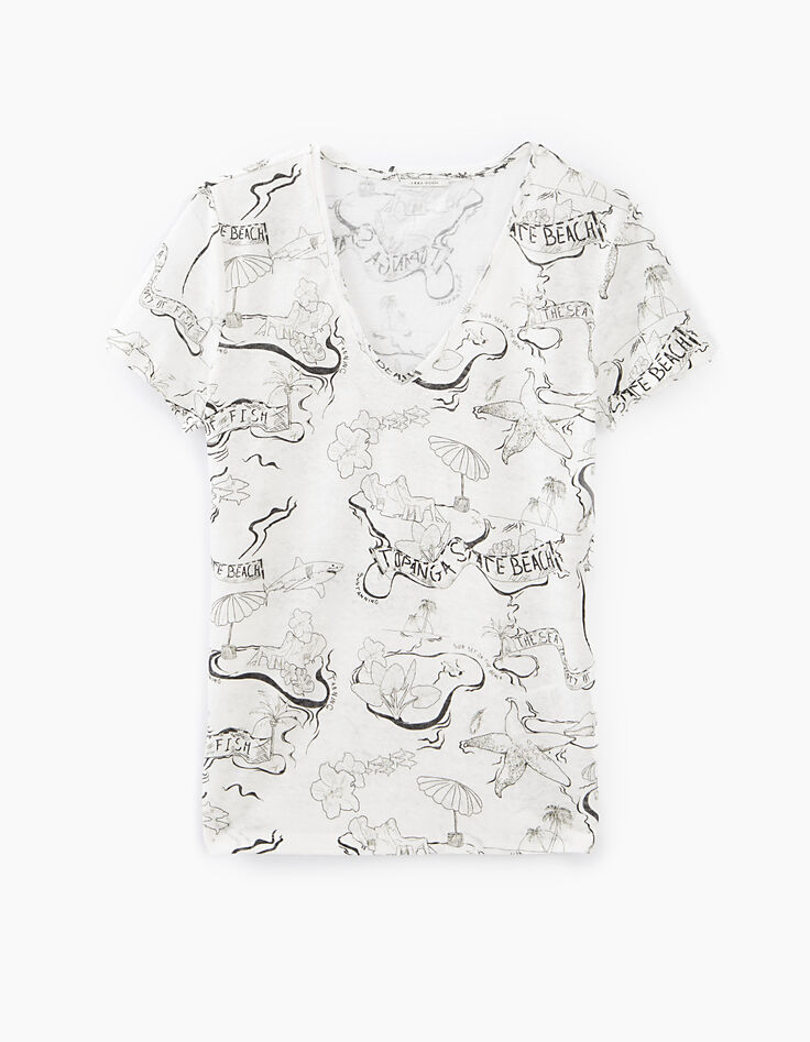 Tee-shirt col V en lin imprimé Malibu femme-2 Tee-shirt col V en lin imprimé Malibu femme-2