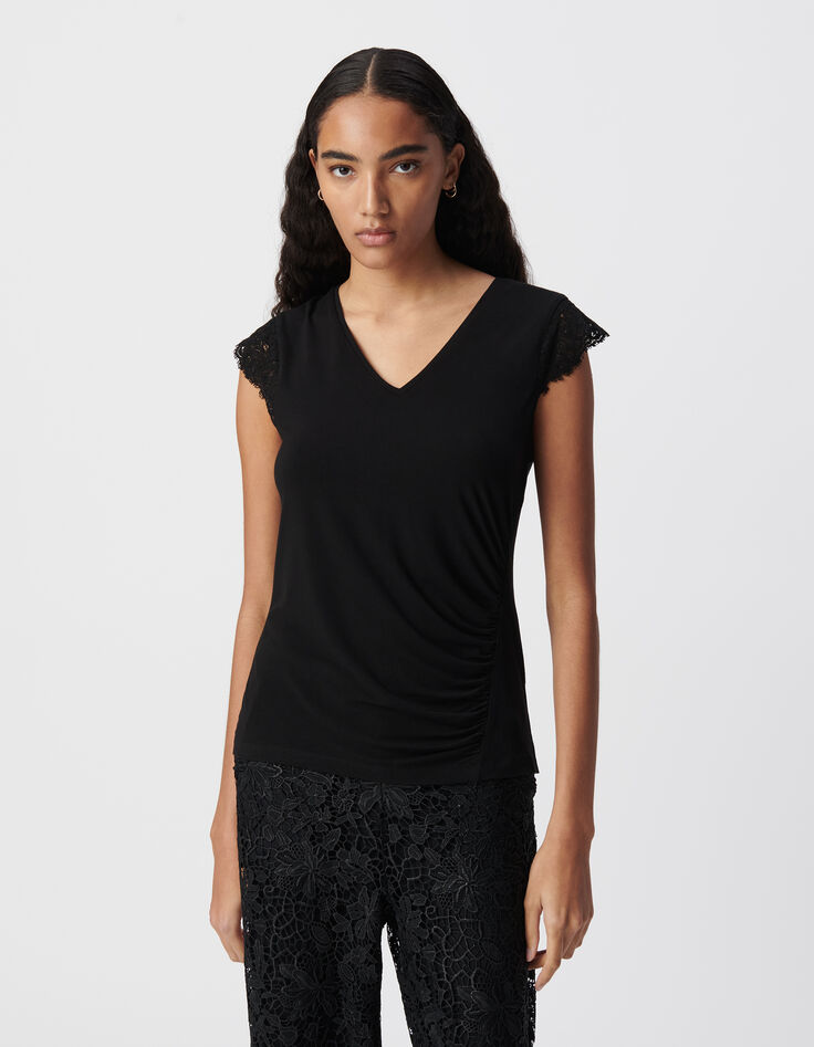Tee-shirt noir manches dentelle festonnée Femme-2