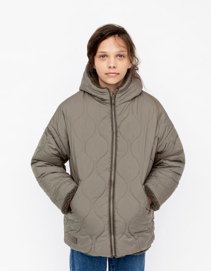 Girls' khaki Sherpa/quilted reversible padded coat