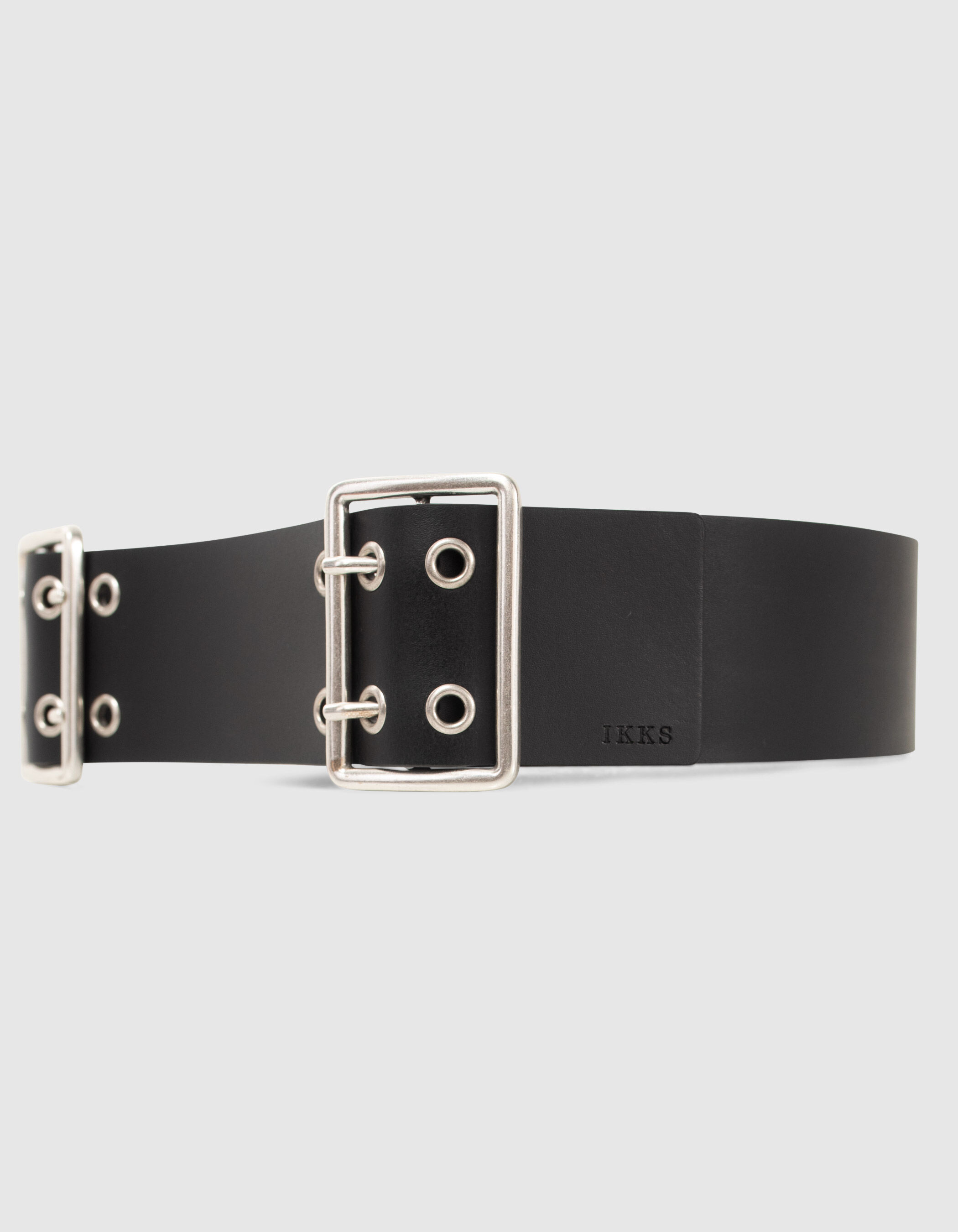 Women's black leather wide belt, double buckle and eyelets