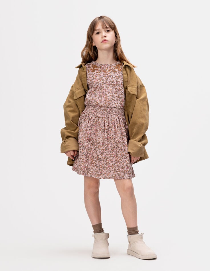 Robe rose imprimé fleurs d'automne fille-1 Robe rose imprimé fleurs d'automne fille-1