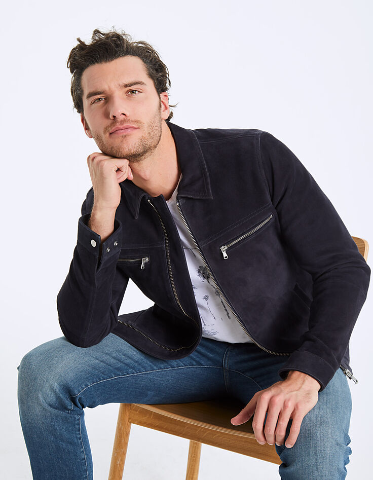 Man’s navy suede jacket with zipped pockets-1