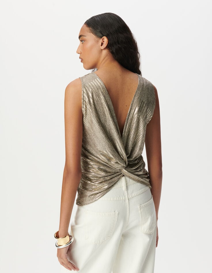 Camiseta de tirantes de mujer con espalda anudada metalizada en dorado-4 Camiseta de tirantes de mujer con espalda anudada metalizada en dorado-4