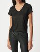 Zwart T-shirt V-hals linnen foil dames-2