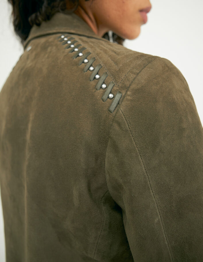 Women’s khaki suede jacket with lacing and studs - IKKS