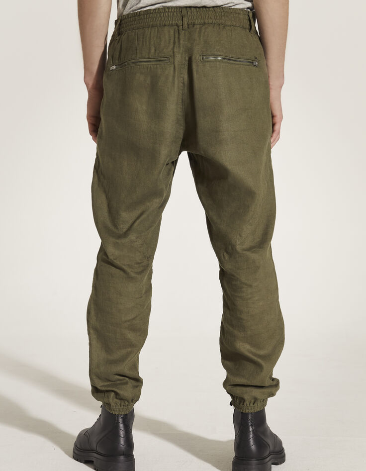 Men’s khaki linen and cotton CROPPED combat trousers-3