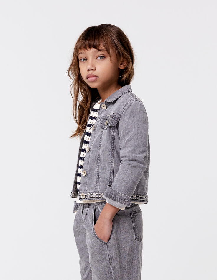 Veste en jean gris broderies ethniques fille-3
