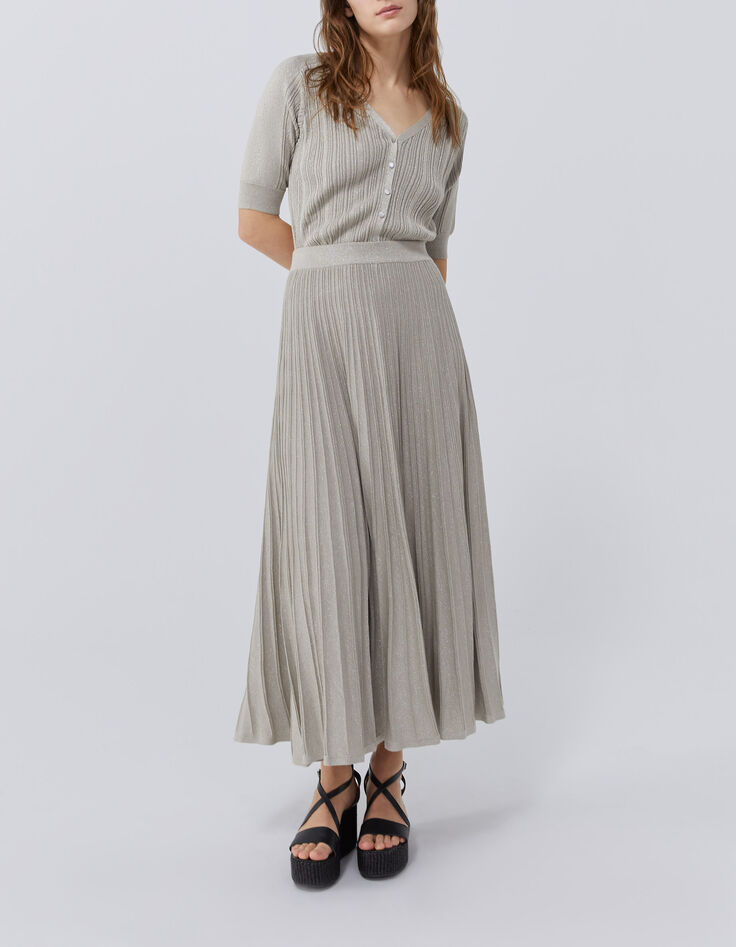 Jupe longue champagne en tricot côtelé lurex Femme-6